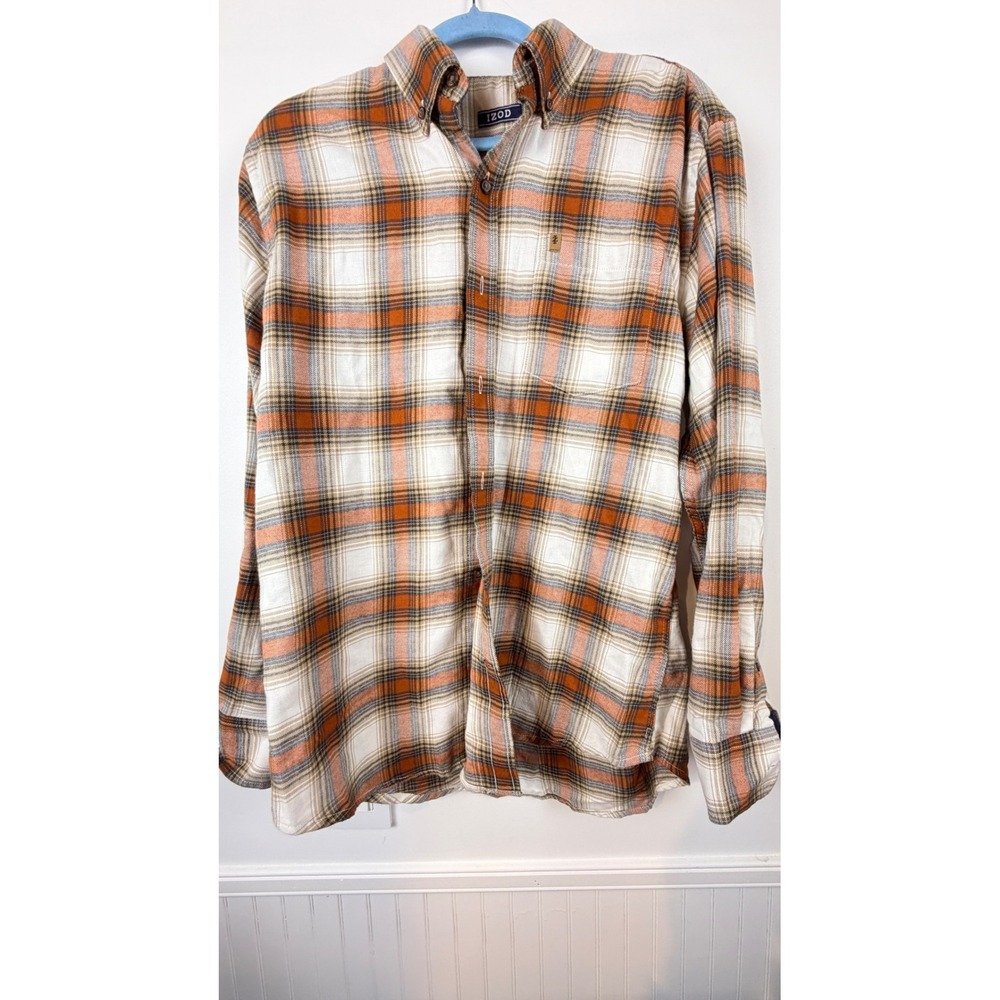 IZOD‎ Mens Plaid Flannel Shirt Orange White Blue Button Down Long Sleeve Medium